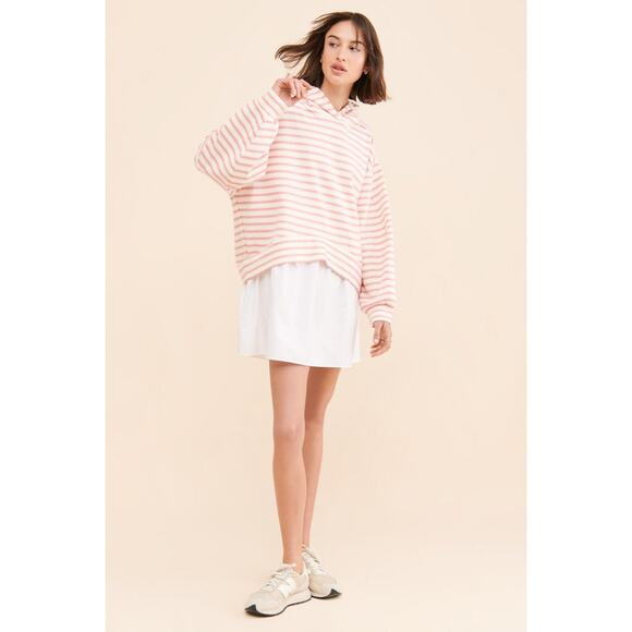 Anthropologie Pilcro Hooded Sweatshirt Twofer Mini Dress Large Pink Stripe - Picture 4 of 9